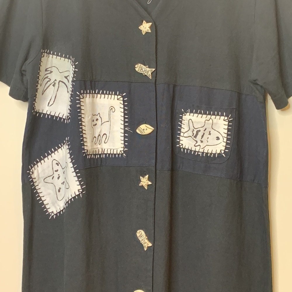 Country Wear 2000 Black Cotton Linen Fish Cat Patchwork Shortsleeve Maxi Dress M - Picture 6 of 17